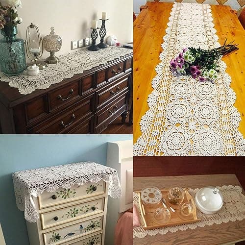 KEPSWET Cotton Handmade Crochet Lace Table Runner Beige Rectangle Coffee Table Dresser Decor (14x36 inch) - 14"x72" Olive Green thumbnail 2