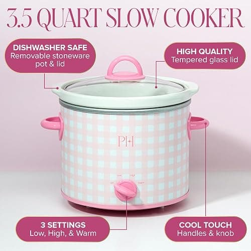 Paris Hilton 3.5-Quart Manual Slow Cooker, Features Three Settings (Low, High, Warm), Naturally Nonstick and Dishwasher Safe Stoneware Insert, Family Sized Capacity, Gingham Pink thumbnail 4