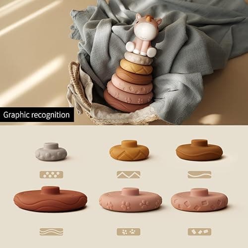 Nueplay 7 Pcs Stacking & Nesting Baby Toys, Squeeze Teething Toys and Building Circle with Pink Horse Figure, Newborn Essentials for 6 12 18 Months Toddler Girls thumbnail 3