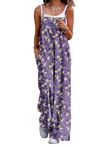 YESNO Women's Summer Boho Casual Jumpsuits Wide Leg Overalls Floral Print Baggy Rompers with Pockets PZZCR - Image 1