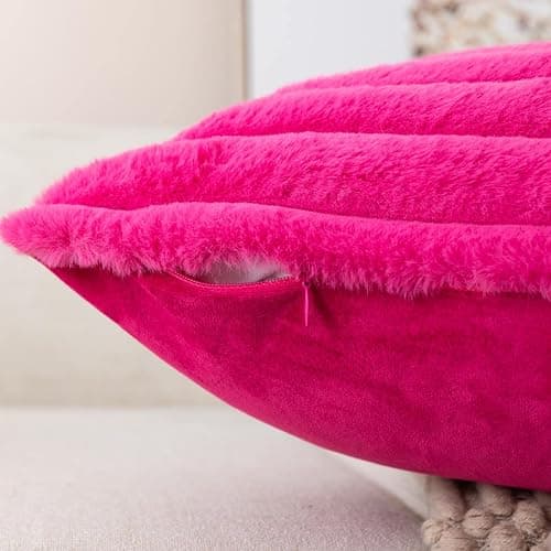 ZLINA Set of 2 Hot Pink Faux Fur Decorative Throw Pillow Covers Fluffy Striped Pillowcase Cushion Covers 18 x 18 Inch Decor Sofa Couch Bedroom thumbnail 4