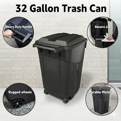 32 Gallon Outdoor Trash Can with Lid, Heavy-Duty Wheeled Garbage Bin for Backyard, Deck or Garage, Black, Can with Attached Snap Lock Lid and Heavy-Duty Handles (32 Gallon) thumbnail 3