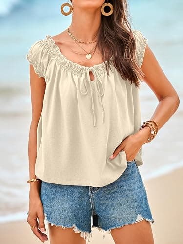 Tankaneo Women Summer Tie Front Tank Tops Cap Sleeve Pleated Babydoll Tops Casual Loose Fit Going Out Flowy Shirt thumbnail 3