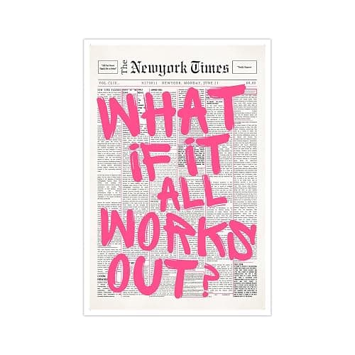 Retro Newspaper Pink Font Canvas Wall Art What If It All Works Out Poster Positive Affirming Quote Minimalist Canvas Prints Painting For Home Bedroom Dorm Wall Decor 12x16in Unframed - Image 1