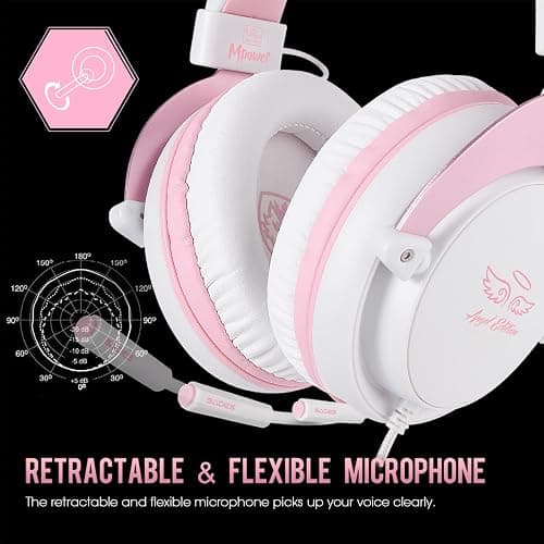 USOTSO MPOWER Stereo Gaming Headset for PS4, PC, Mobile, Noise Cancelling Over Ear Headphones with Retractable Flexible Mic & Soft Memory Earmuffs for Laptop Mac Games-Angel Edition thumbnail 4