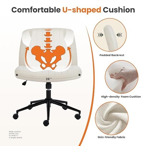 Sweetcrispy Criss Cross Chair Legged, Armless Office Desk Chair with Wheels, Swivel Vanity Height Adjustable Wide Seat Computer Task Seating - Beige thumbnail 5