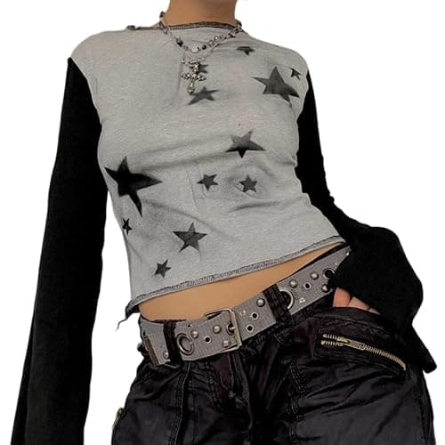 dsumvns Women Fairy Grunge Tops for Teen Girls Emo Star Graphic Y2k Crop Top Color Block Long Sleeve Alternative Clothes - Image 1