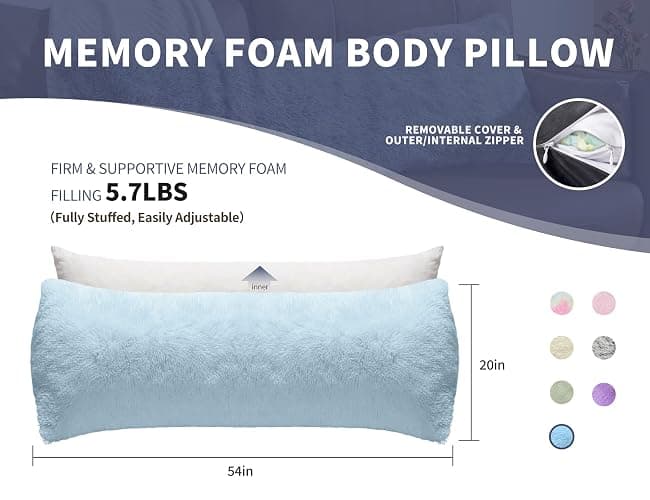 WSOFRLAC Fluffy Full Body Pillow, Long Pillow for Sleeping,Blue 20x54 | Large pillow, Removable Cover and Filling with Memory Foam for Sleeping Side Sleeper & Pregnancy Pillows, Machine Washable thumbnail 2