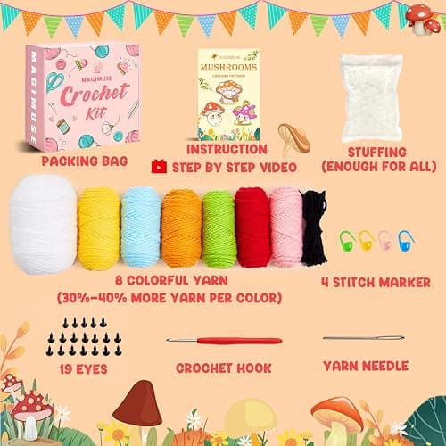 MAGIMUSE Crochet Kit for Beginners, Crochet Starter Kits for Adults Amigurumi Craft Knitting Crocheting Kits with Step-by-Step Video Tutorials, Mushroom Family(40%+ Yarn thumbnail 6