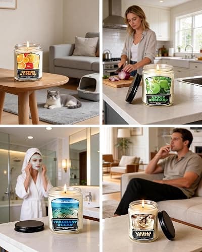 AOOVOO Vanilla Cream Odor Eliminating Candle - 9 oz Non Toxic Highly Fragranced Air Freshing Soy Candle, Eliminates 95% of Smoke, Pet, Food, and Other Smells Quickly, Up to 50 Hours Burn time thumbnail 6