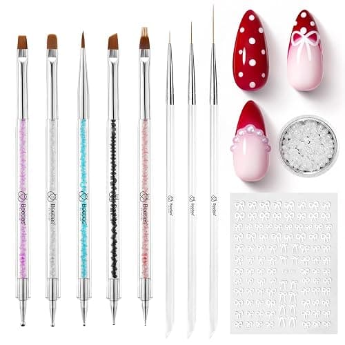 Beetles Nail Art Brushes 8pcs – Crystal Nail Art Tools 5pcs Double-headed Nails Dotting Tool, 3pcs Striping Liner Brushes for Nails with Pearls Bowknot Stickers, DIY Home Salon Manicure Design Tools - Image 1