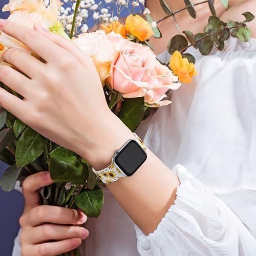 UpfurMach Compatible with Apple Watch Band 41mm 40mm 38mm 49mm 45mm 44mm 42mm Women Girl, Sunflower Print Lace Hollow-out Soft Silicone Sport Bands For iWatch Ultra SE Series 9 8 7 6 5 4 3 2, thumbnail 5