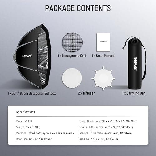 NEEWER Boîte à lumière octogonale de 90cm, support Bowens à dégagement rapide avec grille en nid d'abeille,Sac pour RGB CB60 CB60B CB200B MS60B MS60C MS150B S101-300W/400W Pro Vision 4 Q4, NS35P thumbnail 8