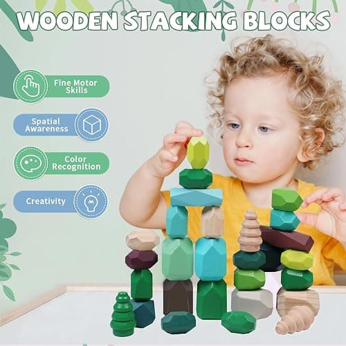 YHHYTOY 40 PCS Wooden Stacking Rocks Building Blocks Forest Theme, Sensory Learning Montessori Toys for 3 4 5 Year Old Kids, Preschool Educational STEM Toys Toddler Games Birthday Gifts for Girls Boys thumbnail 2