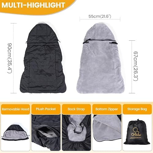 Orzbow Winter Baby Carrier Cover with Detachable Hood, Waterproof & Windproof, Universal for Baby Carriers and Baby Waist Stool, Baby Bunting Bag for Car Seats and Strollers with Storage Bag, Black thumbnail 3