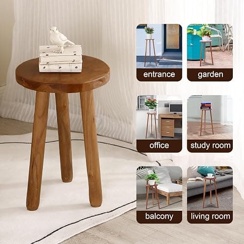 JOLLYMER 11.8" Round 18" Tall Wood Plant Stand | Teak Wood Accent Stool | Accent Table |Side Table thumbnail 6