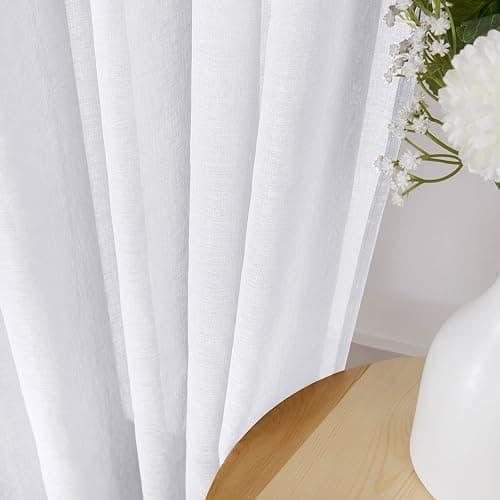 Tollpiz Short Sheer Curtains Linen Textured Bedroom Curtain Sheers Light Filtering Rod Pocket Voile Curtains for Living Room, 54 x 45 inches Long, White, Set of 2 Panels thumbnail 3