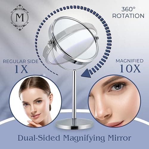 10X Magnifying Makeup Mirror on Round Stand for Tabletop, Bedroom Vanity Desk and Bathroom Counter - Free Standing Double Sided 10X/1X Magnification Mirror - 7" Wide and 14" Tall (Chrome) thumbnail 3