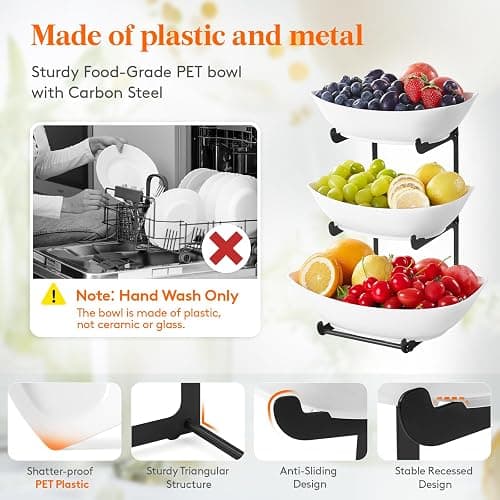 Lifewit Plastic Fruit Bowl Basket for Kitchen Countertop, 3 Tier Fruit Holder with Black Metal Stand, Serving Tray for Food, Vegetable, Cake, Dessert in Party thumbnail 5