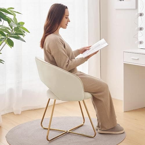 Furniliving Velvet Vanity Chair with Curved Back, Upholstered Barrel Desk Chair with Gold Legs, Mid Century Modern Accent Chair for Living Room, Dressing Room, Bedroom, Khaki thumbnail 8