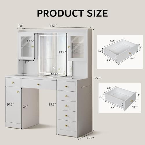 iPormis Vanity Desk with Mirror and Lights, Glass Top Makeup Vanity with RGB Light and Power Outlet, Dressing Table Mirror with 3 Lighting Colors, 7 Drawers, 3 Cabinets, White Vanity for Bedroom thumbnail 2