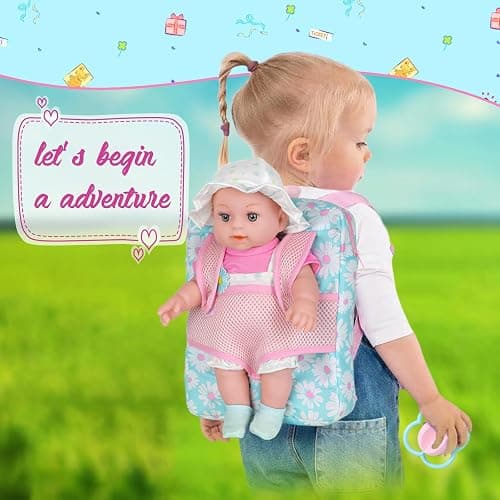 12" Girls Baby Doll Daisy Theme Backpack Carrier Playset,12 Inch Reborn Baby Dolls With Accessories And Clothes Set Toy Stuffs Pink Hanky Diaper Bottle Nipple And Gifts For Baby Toddler Age 3+ thumbnail 5