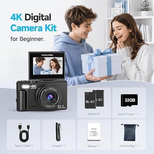 4K Digital Camera for Photography, 64MP Vlogging Camera with 180° Screen | Compact Point And Shoot Camera With WiFi, 32GB Card, 2 Rechargeable Batteries, Portable Travel Camera, Black thumbnail 7