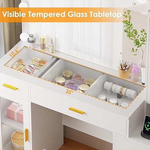 BEWISHOME 49.2" Large Vanity Desk with Mirror and Lights,White Makeup Vanity Table with Glass Top,Stool,Makeup Desk with Power Outlet,5 Drawers,Nightstand,Dressing Table for Bedroom Women FST34W thumbnail 4