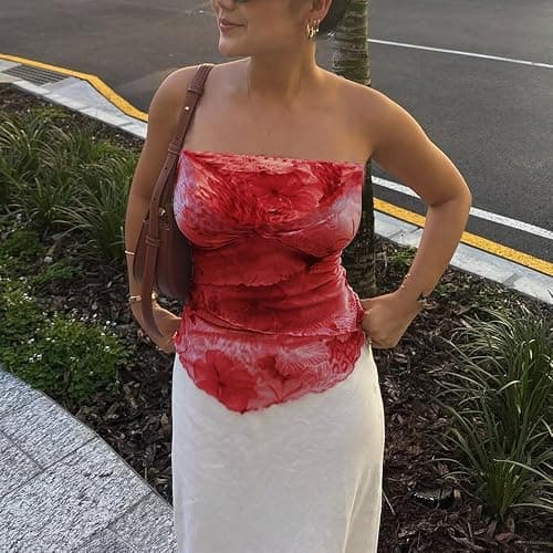 Women Floral Tube Top Strapless Off Shoulder Crop Shirt Y2k Aesthetic Graphic Print Bandeau Mesh Top - Cherry - Small thumbnail 2