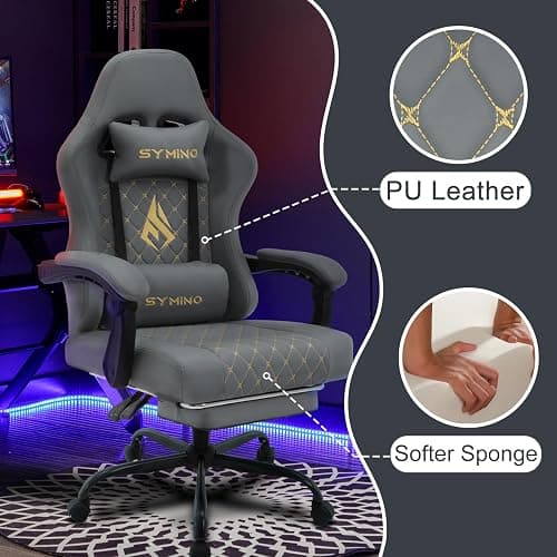 Symino Gaming Chair with Footrest, Computer Ergonomic Video Game Chair, Adjustable Swivel Task Chair with Lumbar Support, PC Chairs, PU Leather Game Chairs for Adults, Grey thumbnail 4