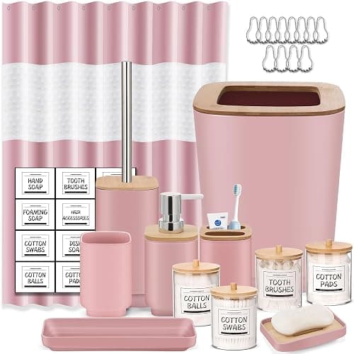 Pink Bathroom Set,24Pcs Bathroom Accessories Set with Shower Curtain,4 Qtip Holders,Tray,Soap Dispenser,Soap Dish, Toothbrush Holder and Cup,Toilet Brush Holder,Trash Can - Pink - Hollow Cover Bathroom Set+Shower Curtain - Image 1