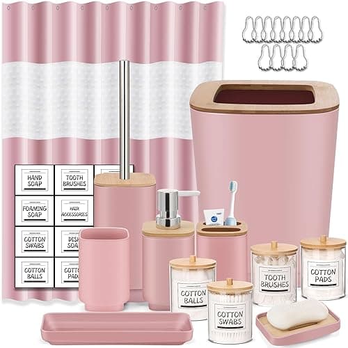 Pink Bathroom Set,24Pcs Bathroom Accessories Set with Shower Curtain,4 Qtip Holders,Tray,Soap Dispenser,Soap Dish, Toothbrush Holder and Cup,Toilet Brush Holder,Trash Can - Pink - Hollow Cover Bathroom Set+Shower Curtain
