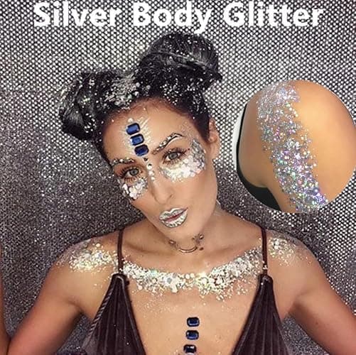 Go Ho Silver Face Body Glitter Gel,Singer Concerts Silver Face Paint Makeup,Holographic Chunky Glitters for Hair/Lip/Nails on Party Halloween Makeup,Festival Rave Accessories,52g thumbnail 4