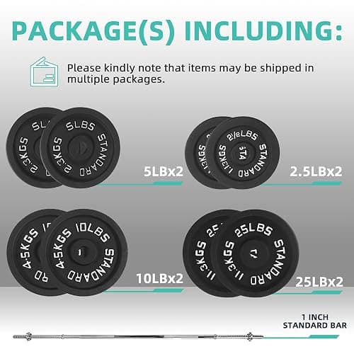 Fitvids Barbell Weight Set, Cast Iron 1" Standard Weight Plates Including 5FT Standard Barbell Bar & Star Locks, 95 Pounds Set (85 Lbs Plates + 10 Lbs Barbell Bar), Multiple Packages thumbnail 2