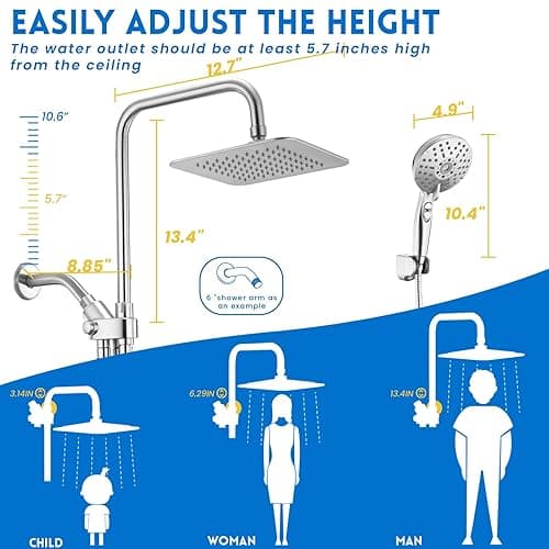 Ryamen Dual Shower Head Combo, 8'' High Pressure Rain/Rainfall Shower Head, 6 Settings Adjustable Handheld Showers, with 15" Height Adjustable Slide Bar, Holder/Hose, Angle Adjustable, Chrome - Bright Silver thumbnail 2