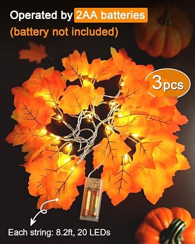 Luditek Fall Decor 3-Pack Fall Leaf Garland with Lights, Total 24.6ft 60 LED Halloween String Lights, Thanksgiving Decorations for Home Holiday Autumn Indoor Friendsgiving Gift thumbnail 4