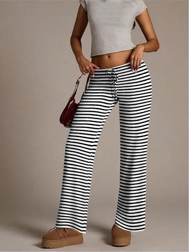 Luckydora Women's Flared Knit Pants High Waisted Wide Leg Striped Lounge Bottoms Soft Stretchy thumbnail 3