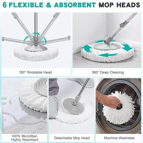 Sarkunpio Mop and Bucket Set with Wringer, Spin Mop Floor Cleaning System with 6 Replacement Microfiber Heads & 61" Extra-Long Handle for Home Floor, Blue thumbnail 6