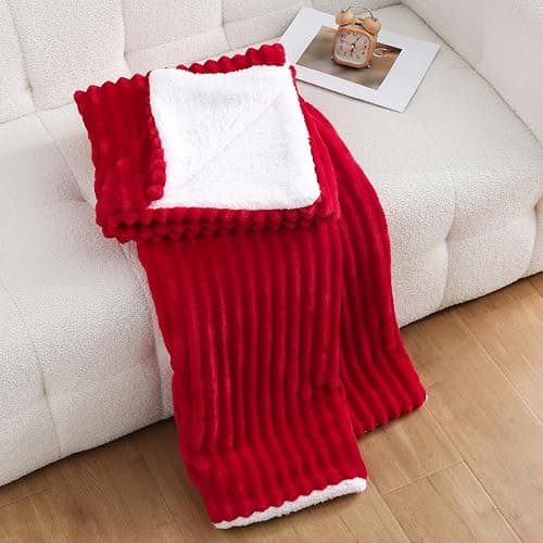 Linecooo Red Sherpa Fleece Throw Blanket 50”×60” for Couch Sofa Bed,Double Side Soft Fuzzy Cozy Plush Thick Flannel Blanket with Striped Design Gift for Adults,Woman,Girls thumbnail 2