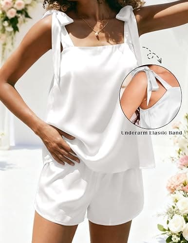Ekouaer Womens Silk Pajama Set Bow Tie Knot Tank Top Satin Pjs Sets for Bridal Party 2 Piece Cami Shorts Sleepwear S-XXL thumbnail 4