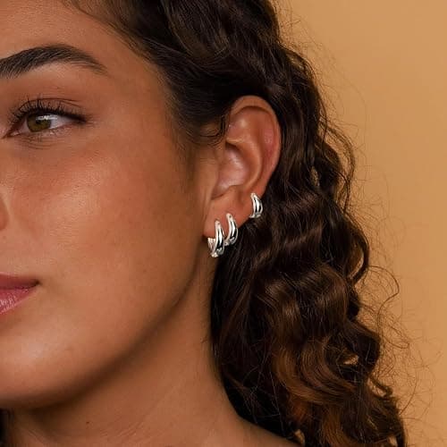Poxtex Small Sterling Silver Huggie Hoop Earrings Set for Women, Hypoallergenic 14K Gold Plated Hoops Stacks for Multiple Piercings, Dainty Cute Mini Lightweight Cartilage Studs Trendy Jewelry Gift thumbnail 3