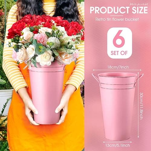 Irenare 12 Inch Vintage Galvanized Flower Bucket Metal Flower Vase Farmhouse French Bucket Planter Metal Floral Container for Party Table Centerpiece Weddings Home(Pink,6 Pcs) thumbnail 3
