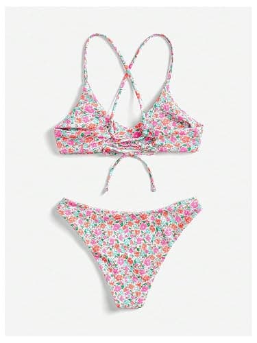 SHENHE Women's Bikini Set 2 Piece Criss Cross Tie Back Boho Swimsuits | 2 Piece Swimsuit For Women,Floral Bikini Sets,Criss-Cross Tie Back Bikini Bottom,Low Rise thumbnail 3