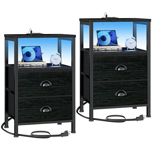 Furologee Nightstands Set of 2, End Tables with Charging Station and LED Lights, Black Night Stands with 2 Fabric Drawers, Bedside Tables Set of 2 for Living Room/Bedroom,Black Oak thumbnail 2