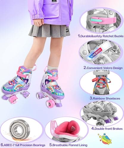 4-Pejiijar Rainbow Unicorn Kids Roller Skates for Girls Toddler Ages 2-4 5-8 8-12,Adjustable Roller Shoes with Luminous Wheels for Birthday Xmas Gifts thumbnail 4