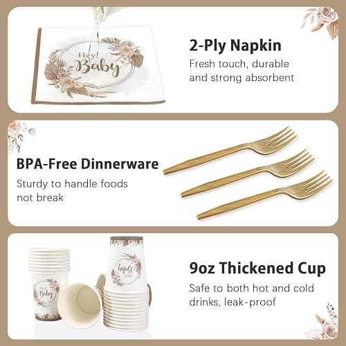 Heboland Babyparty Deko Partygeschirr Set, 125 Stück Neutral Hey Baby Party Decoration Teller Becher Servietten für Baby Shower Deko thumbnail 6