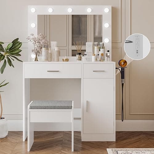 Viaozutis Vanity, Vanity Desk with Mirror, Large Drawer and Power Socket with 11 Light Bulbs and 3 Adjustable Lighting Modes, Vanity Table Ideal for Bedroom (White) - Image 1