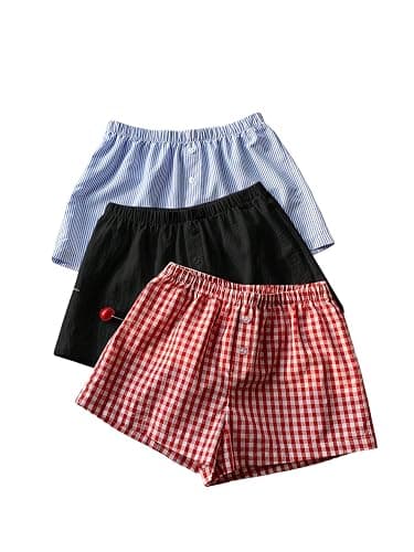 MakeMeChic Women's 3 Pack Linen Shorts Gingham Striped Beach Shorts | Summer, Plaid, Cover Up Shorts - Image 1