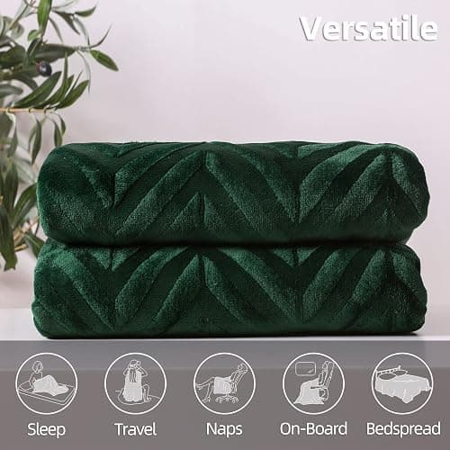 Whale Flotilla Flannel Fleece Bed Blanket Queen Size, Emerald Green | Lightweight Breathable Soft Bedspread, Plush Fluffy Coverlet Chevron Design Decorative Blanket for All Season, 90x90 Inch thumbnail 7