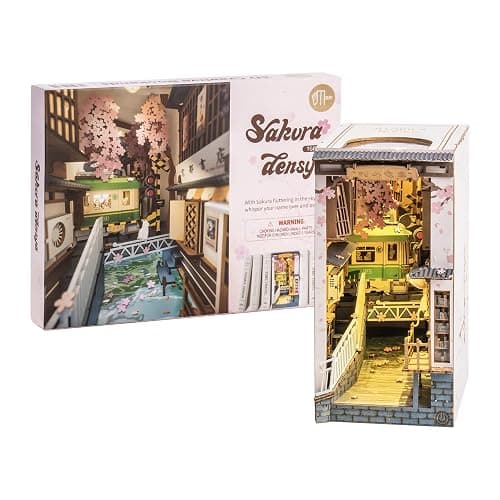 ROBOTIME DIY Book Nook Kit DIY Miniature Dollhouse Booknook Kit 3D Wooden Puzzle with LED Light,Decorative Bookend Bookshelf Insert Decor for Teens and Adults (Sakura Tram) thumbnail 9